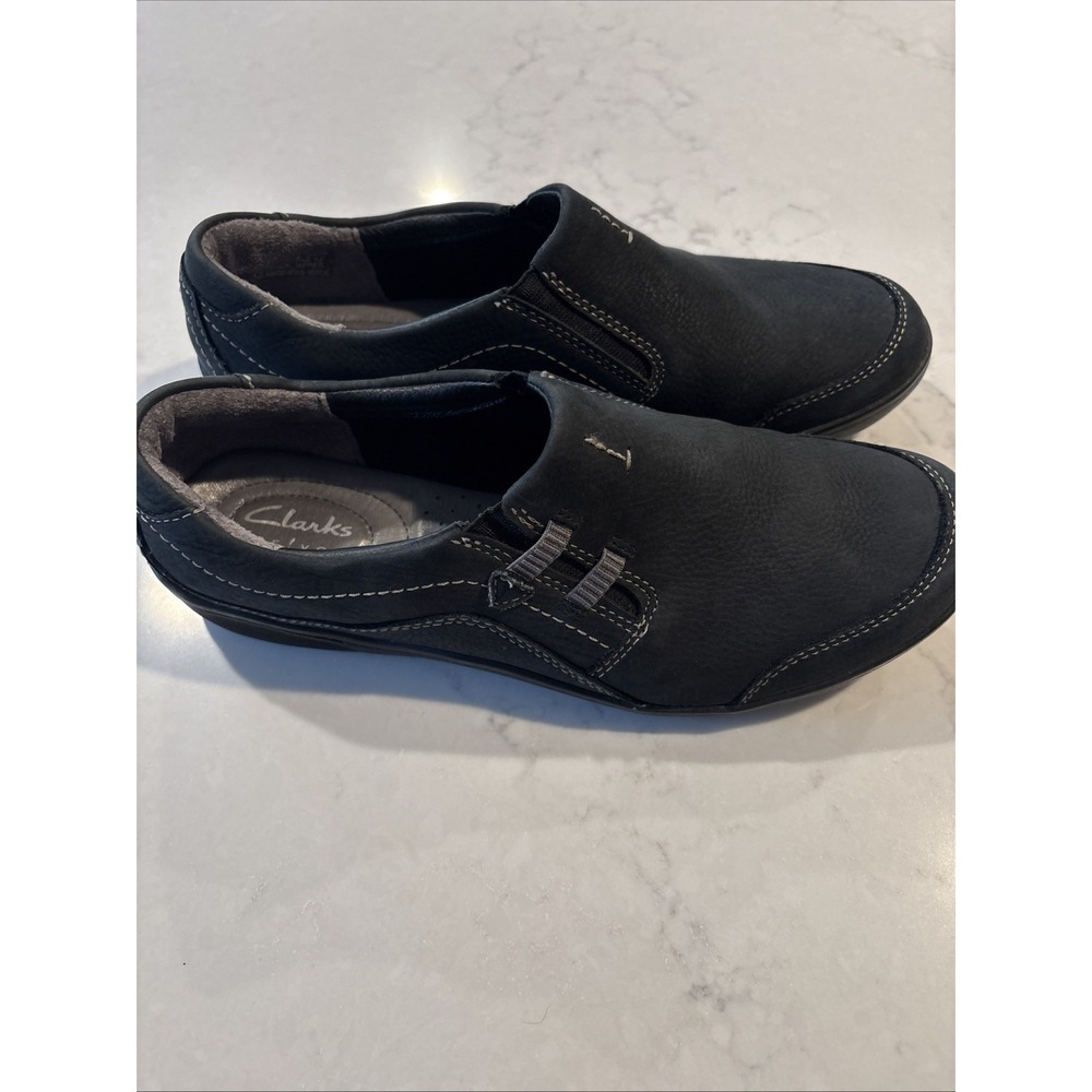 CLARKS Privo 61339 Womens Size 9.5 M Black Nubuck Leather Slip‎ On Loafers Shoes